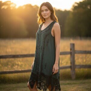 NWT All That Jazz Dark Green Fairycore Embroidered Lace Hem Dress Free Size